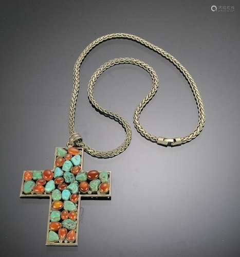 925 Sterling Silver Chain & Cross with Turquoise