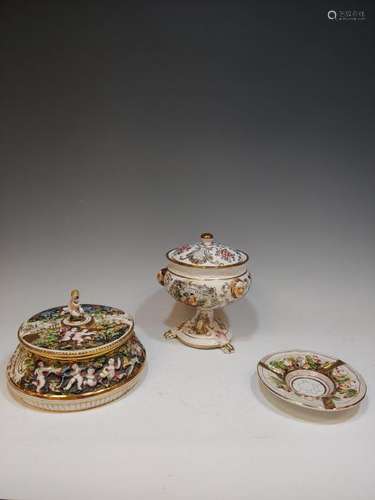 (3) Capodimonte Covered Urn, Dish & Ashtray