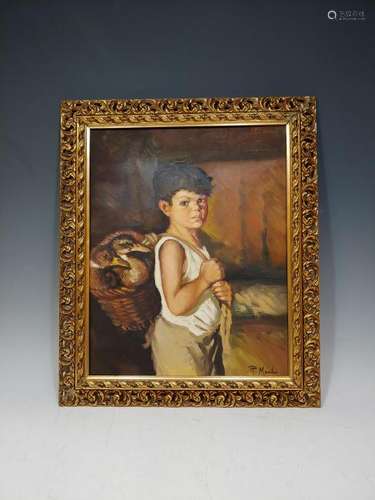 Italian Oil on Canvas Painting Boy with Ducks