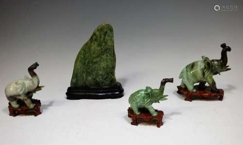 (4) Green Stone Elephants w/ Stands & Mountain