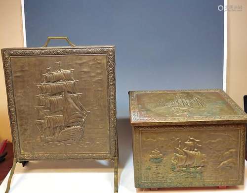 Brass Fireplace Screen & Kindling Box