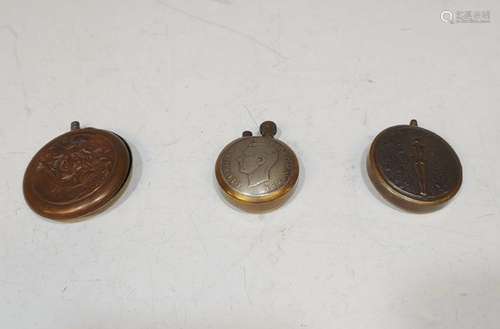 (3) Round Brass Lighters - Nude, Coin, La Guerre