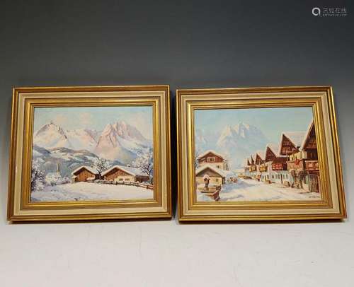 (2) Okreno Oil on Board Alpine Winter Paintings