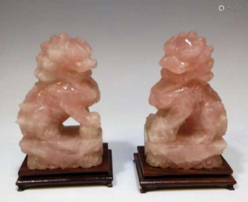 Pair Chinese Rose Quartz Guardian Lion Figures