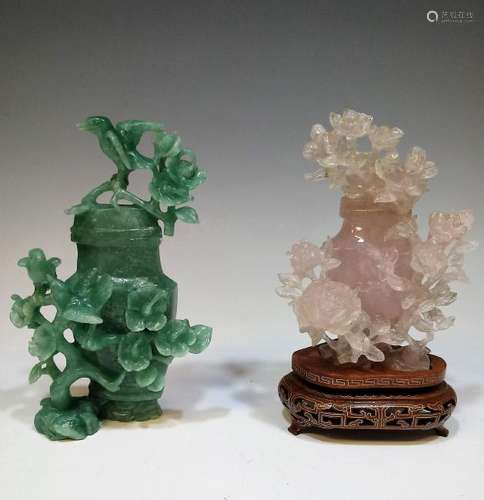 (2) Chinese Carved Stone Vases w/ Lids & Stands