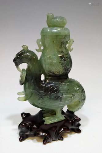 Chinese Green Jade Phoenix & Vase Carving w/ Stand