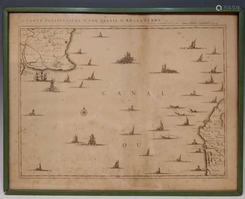 Engraved Map of Kent and France by Frix c.1730