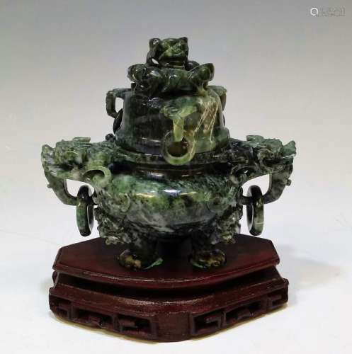 Chinese Green Jade Lidded Incense Burner w/ Stand