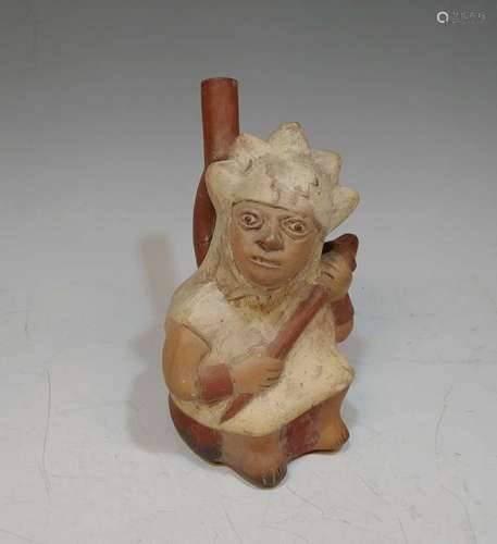 Moche Figural Stirrup Ceramic Vessel w/ Weapon