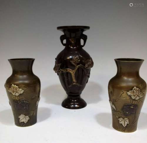 (3) Japanese Bronze Vase Mixed Metal Inlay & Birds