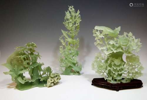 (3) Chinese Green Jade Birds & Flowers Carvings