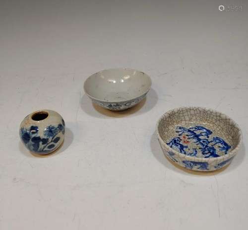 (3) Chinese Ceramic Brush Washer, Vase & Bowl