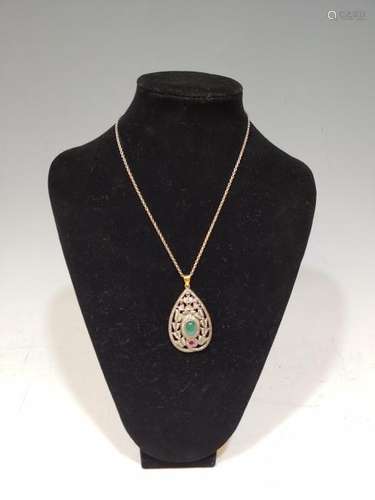 Pendant Necklace with Rubies, Diamonds and Emerald