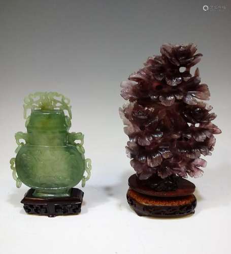 (2) Chinese Lidded Stone Vases with Stands