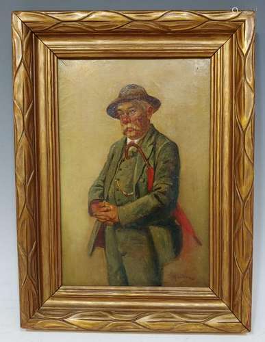 Signed Martin Oil Painting Gentleman with Umbrella