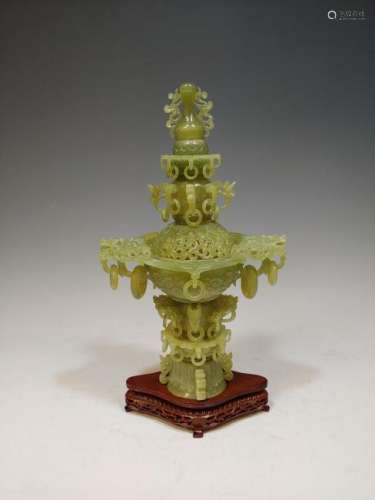 Chinese Carved Green Jade Incense Burner w/ Stand