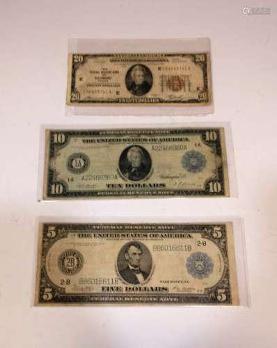 Paper Currency: 5, 10, 20 Federal Reserve Notes