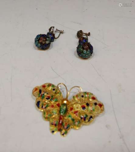 Antique Chinese Enamel Earrings & Brooch