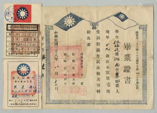 1）民国三十八年（1949年）陆军第二九六师八八七团军士队毕业证书一张；2）民国时期三民主义青年团团员临时登记证一册；3）党员证书附册一册。