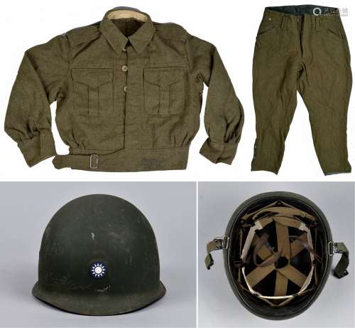 民国抗战时期远征军毛呢夹克衣裤一套另M1钢盔一顶。