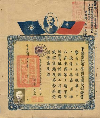 王玉琳：民国三十年（1941年）军医学校军医预备团受训证书一张。