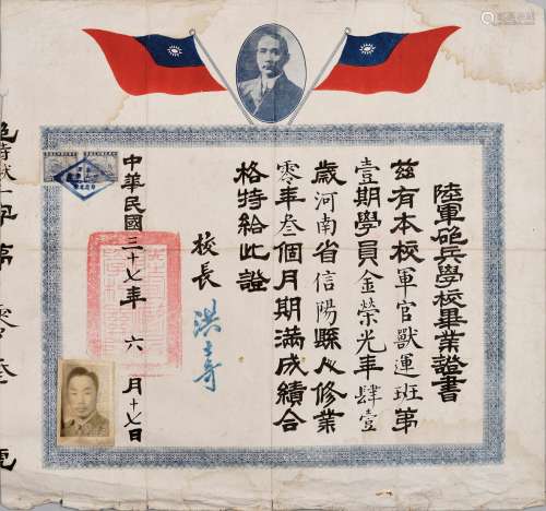 金荣光：民国三十七年（1948年）陆军炮兵学校毕业证书一张。