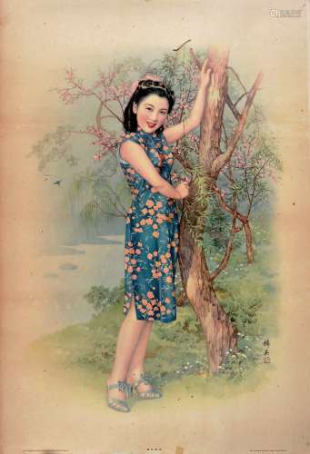 民国时期穉英款《倚树盼归》美女招贴画一张。