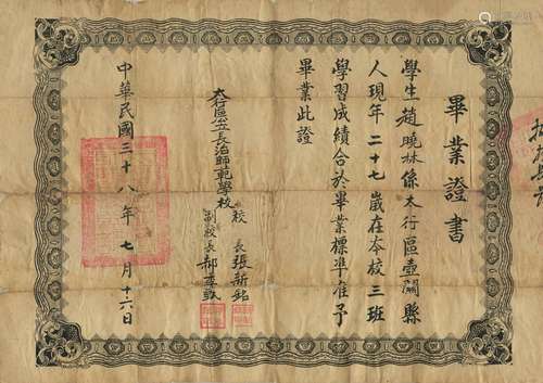 民国三十八年（1949年）七月十六日太行区公立长治师范学校毕业证书一张（现为长治学院）。