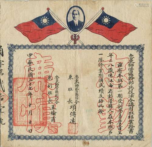 山东文献：民国三十七年（1948年）鲁东师管区干部兵役法令讲习班结业证书一张。