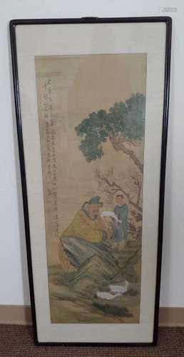 Korean Silk Painting of a Scholar and Geese