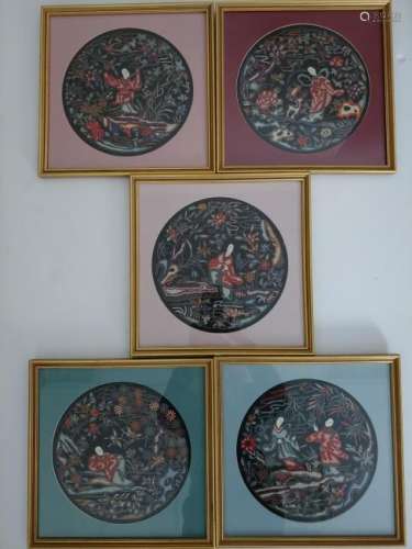 (5) Chinese Silk Embroideries Figures and Flowers