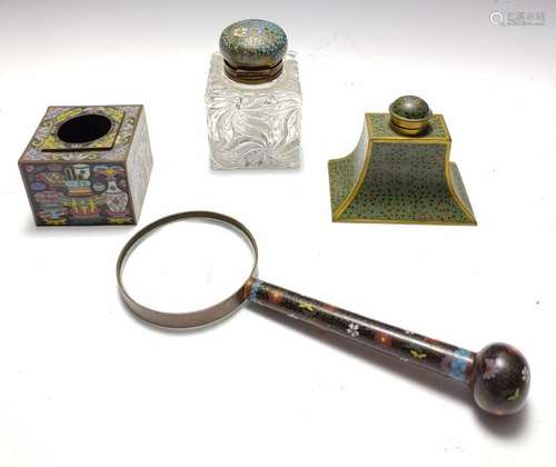 (4) Cloisonne Inkwells & a Cloisonne Magnifier