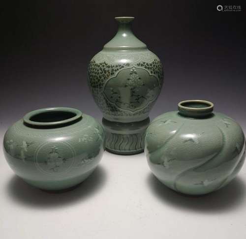 (3) Korean Sanggam Celadon Vases, 2 with Cranes