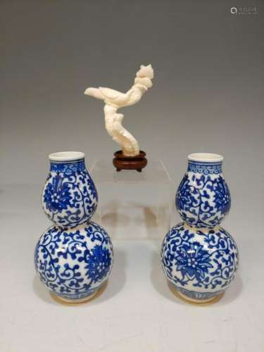 (3) Carved White Coral & Two Small Hulu Vases