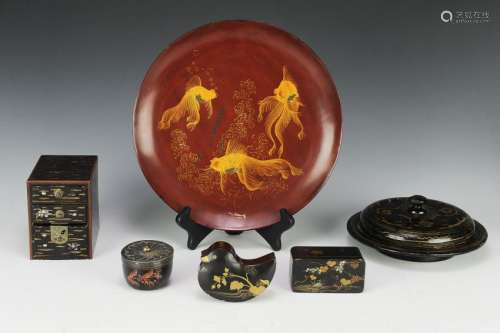 (6) Japanese Lacquer Boxes & Plate
