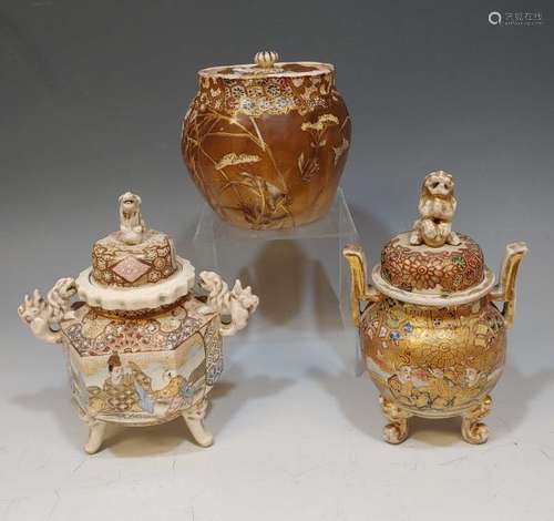 (3) Japanese Censers and Covered Jar inc. Satsuma