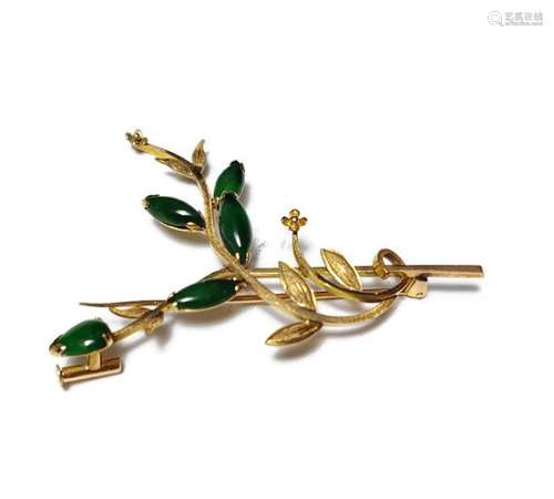 14K Gold Brooch with Jade Marquis Cabochons