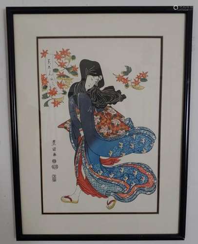 Toyokuni I, Woodblock Woman Under Maple