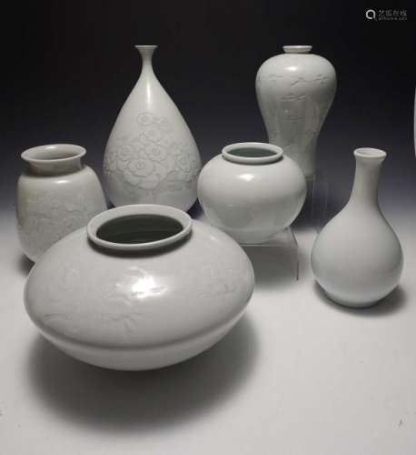 (6) White Incised Korean Porcelain Vases