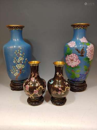 (4) Chinese Cloisonne Flower & Bird Vases