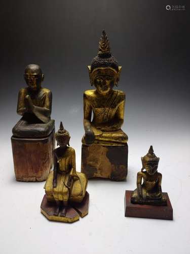 (4) Thai Carved and Giltwood Buddhas & Monk