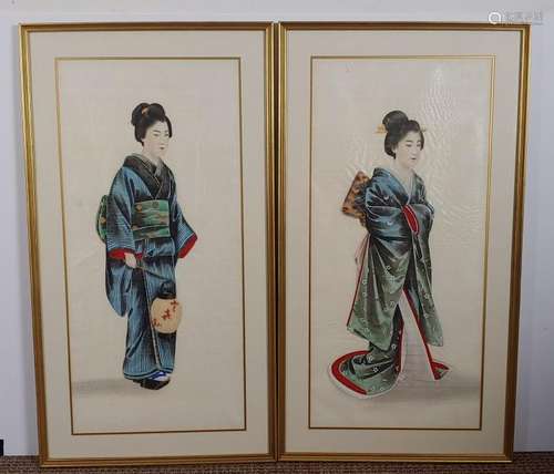 (2) Japanese Geisha Painted on Silk