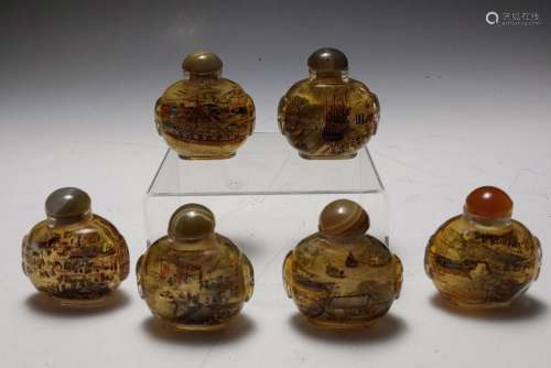(6) Reverse Painted Glass Snuff Bottles Decorative