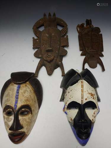 (4) West African Carved Wood Masks Punu etc