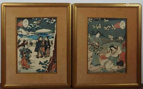 (2) Kunisada II Japanese Woodblock Prints Geisha