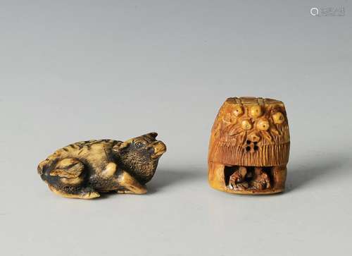 (2) Japanese Antler Netsuke House & Buffalo