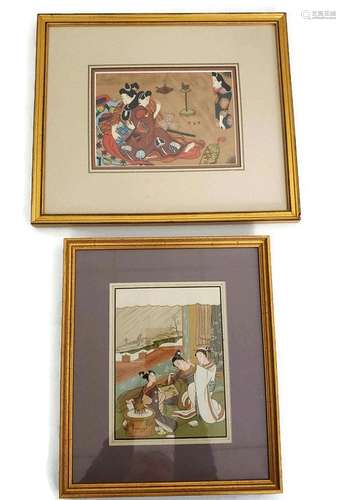 (2) Japanese Gouache Paintings Bijin Figurative