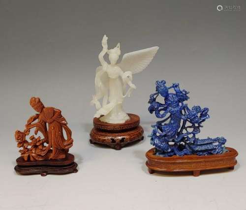 (3) Chinese Carvings Lapis, Goldstone & Stone