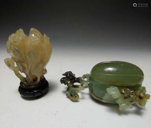 (2) Chinese Jade & Agate Squash & Lotus Carvings