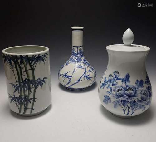 (3) Korean Blue and White Vases & Lidded Jar